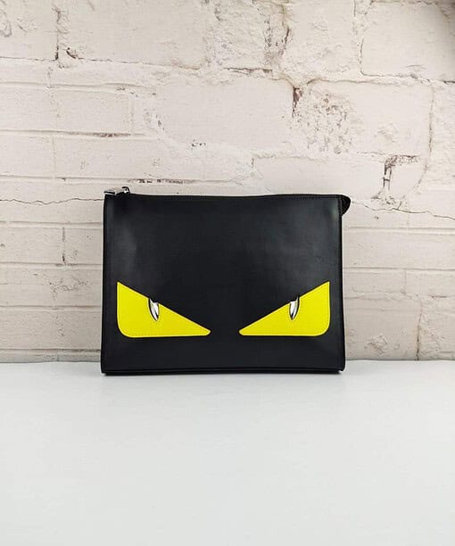 Fendi Monster Eyes Flat Zip Pound Clutch in Black Yellow Eyes with Silver Hardware For Men 27cm/10.5in FF
