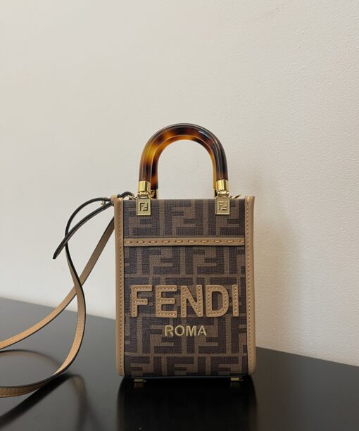 Fendi Sunshine Shopper Brown FF Fabric Brown Mini Bag For Woman 13cm/5in