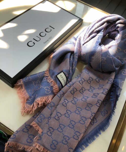 Gucci GG Jacquard Silk Wool Shawl Blue 55in/140cm