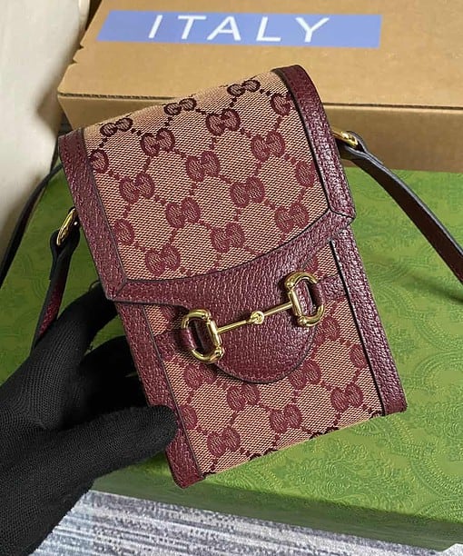 Gucci Horsebit 1955 Mini Bag Beige And Burgundy GG Supreme Canvas For Women 6.7in/17cm GG 625615F6B3G9865