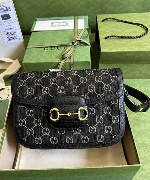 Gucci Horsebit 1955 Shoulder Bag Black And Ivory GG Denim Jacquard For Women 9.8in/25cm 602204 UN3BG 1274