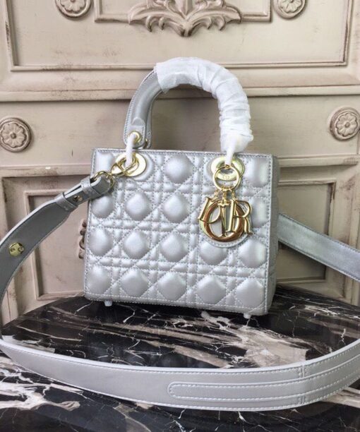 Christian Dior Small Lady Dior Bag Gold Toned Hardware Pearl Silver White For Women 8in/20cm CD