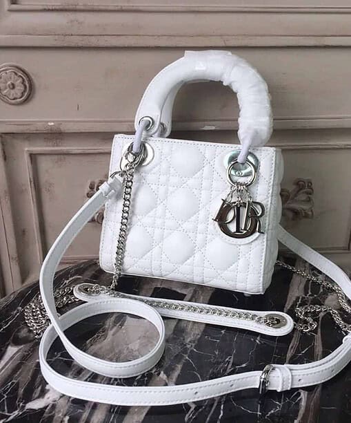 Christian Dior Mini Lady Dior Bag White Chain Silver Hardware For Women 17cm/6.5in CD