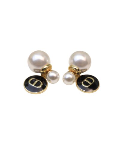 Dior Black CD Circle Earrings Gold Tone For Women