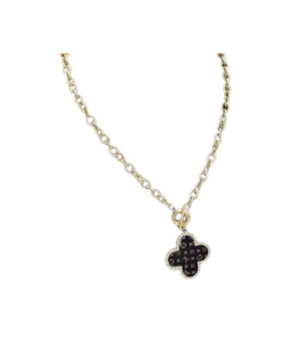 Louis Vuitton Black Monogram Pendant Necklace Gold Tone For Women