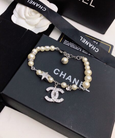 Alternative view of Chanel Dangling Douple C Pearl Chain Bracelet Silver Tone For Women