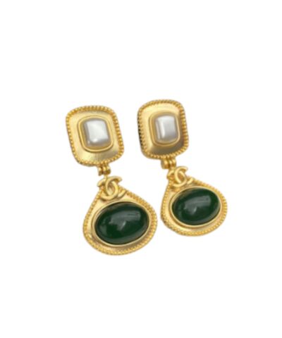 Chanel Dark Green Stone Thick Border Earrings Gold Tone For Women