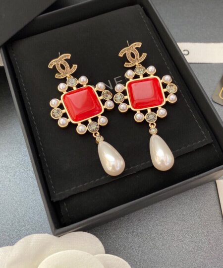 Alternative view of Chanel Dark Red Square Stone Earrings Gold Tone For Women