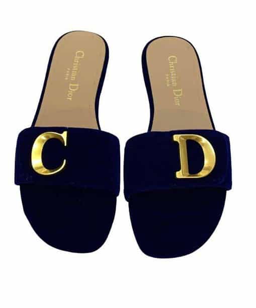 Dior CD Letter Logo Metal Buckle Flat Bottom Sandals Dark Blue For Women