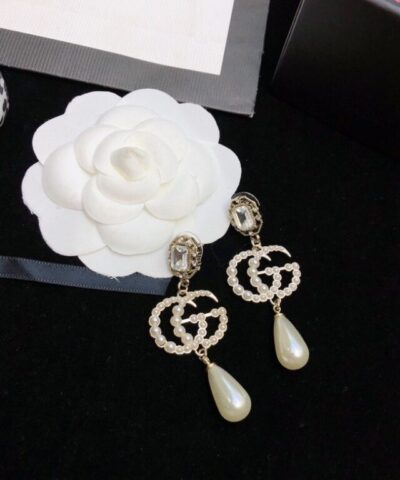 Gucci Douple G Pearl Frame Earrings Gold Tone For Women