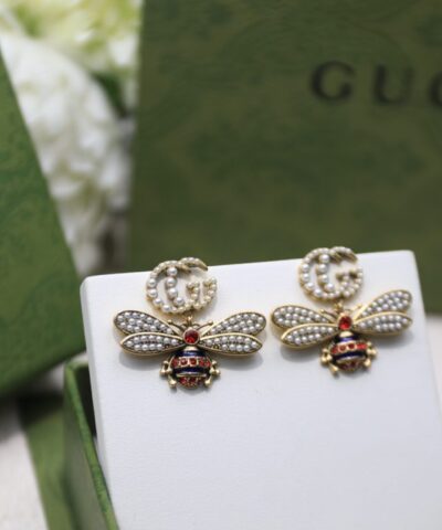 Gucci Interlocking And Bee Pearl Earrings Gold Tone For Women