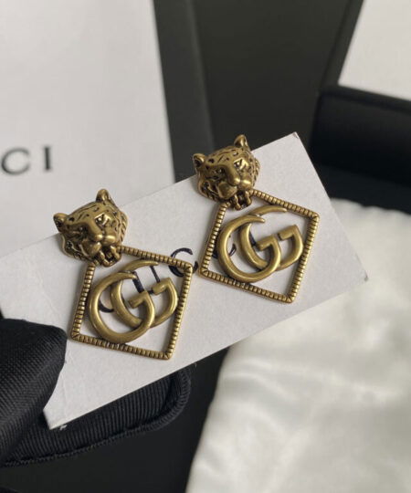 Gucci Leopard Rhombus Earrings Gold Tone For Women