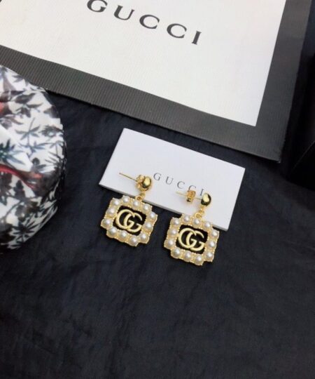 Gucci Mini Pearl Border Frame Earrings Gold Tone For Women