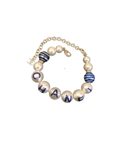Chanel Printed Blue C-H-A-N-E-L Bracelet Gold Tone For Women