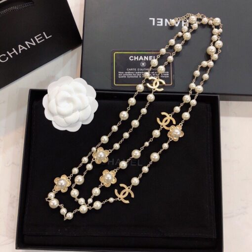 Chanel Stylized Flower Multi Layered Pearl Necklace Gold Tone For Women - Image 9