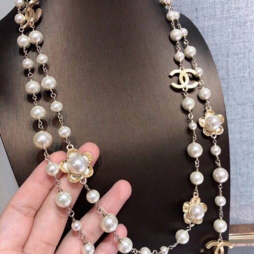 Chanel Stylized Flower Multi Layered Pearl Necklace Gold Tone For Women - Image 8