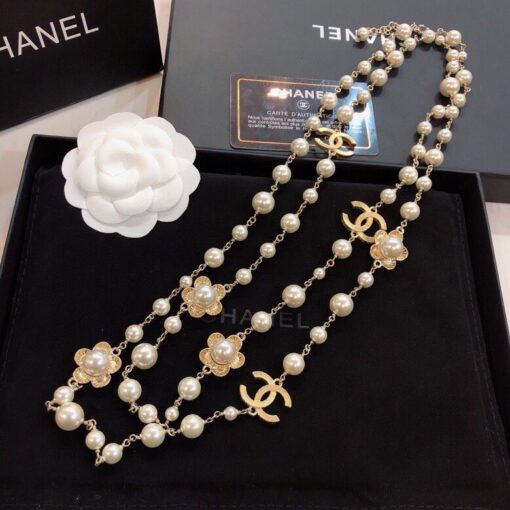 Chanel Stylized Flower Multi Layered Pearl Necklace Gold Tone For Women - Image 7
