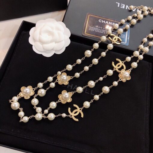 Chanel Stylized Flower Multi Layered Pearl Necklace Gold Tone For Women - Image 6
