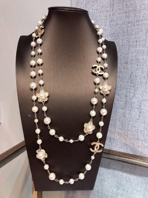 Chanel Stylized Flower Multi Layered Pearl Necklace Gold Tone For Women - Image 2