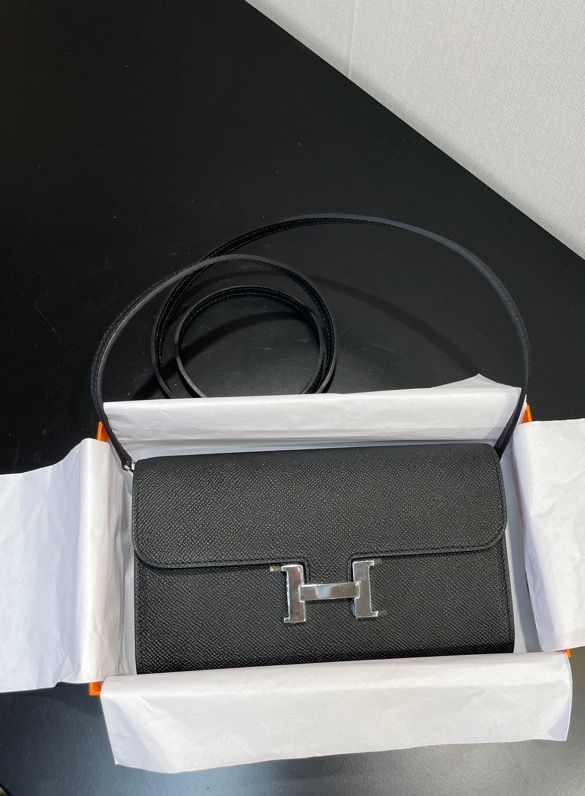 Hermes Constance Togo Long Wallet  21cm/8.3in Silver Toned Hardware For Women Black