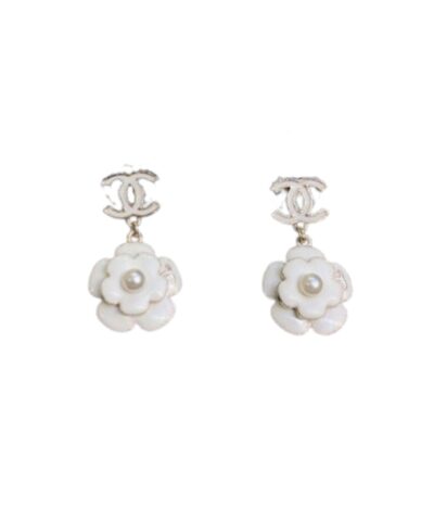 Chanel White Camellia Flower Earrings Gold Tone For Women