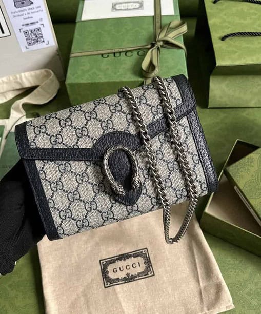 Gucci Dionysus GG Chain Wallet Beige And Blue Supreme Canvas For Women 8in/20cm 401231 K9GSN 4075