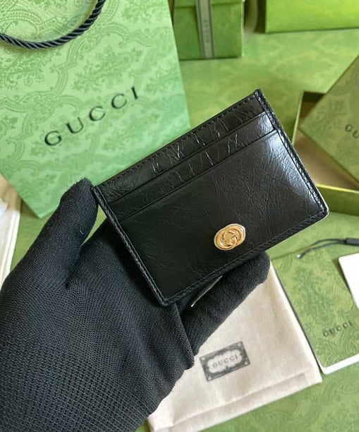 Gucci Card Case with Gold Interlocking G Plain Black For Men 4in/10cm GG
