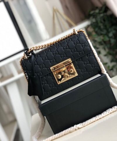 Gucci Padlock Small Gucci Signature Shoulder Bag Black Gucci Signature For Women 7.9in/20cm GG 409487 CWC1G 1000