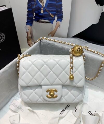 Chanel Mini Flap Bag With CC Ball On Strap White For Women, Women's Handbags, Shoulder And Crossbody Bags 6.7in/17cm AS1786