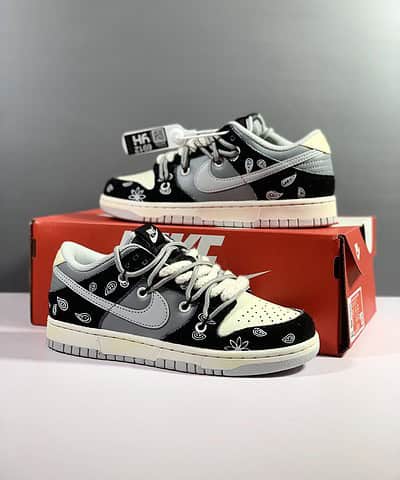 Nike Dunk Low Top Retro Vibe Paisley Light Smoke Grey-Black-Silver Sneaker For Men, Men’s Shoes