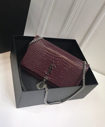 Saint Laurent Kate Medium Chain Bag With Tassel In Embossed Crocodile Dark Violet For Women 9.4in/24cm YSL