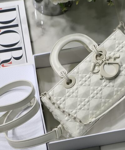 Christian Dior Lady D-Joy Bag White Macrocannage Technical Fabric White For Women 26cm CD M0540OTID_M933