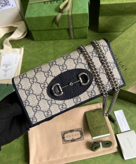 Gucci Horsebit 1955 Wallet With Chain Beige And Blue For Women 7.5in/19cm GG