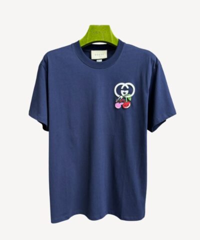Gucci Cherry Embroidery T-Shirt Navy Blue For Women