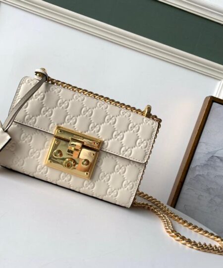 Gucci GG Embossed Padlock Shoulder Bag White Milky For Women 8in/20cm