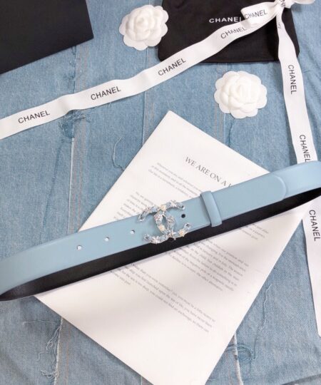 Chanel Belt With Double C Buckle Light Blue Silver Toned Hardware Women Belt