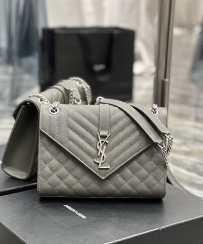 Saint Laurent Envelope Medium Chain Bag Dark Grey For Women, Women's Bags 9.4in/24cm YSL