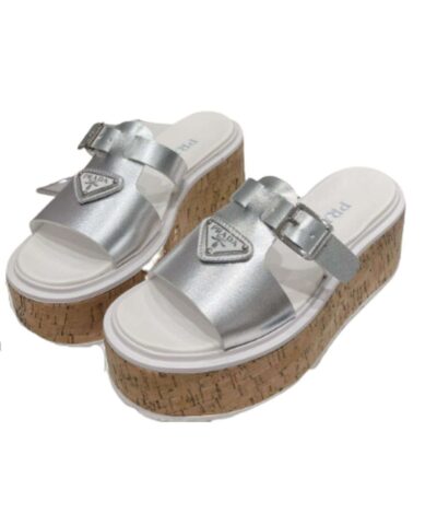 Prada Rubber Wedge Platform Slippers Silver For Women