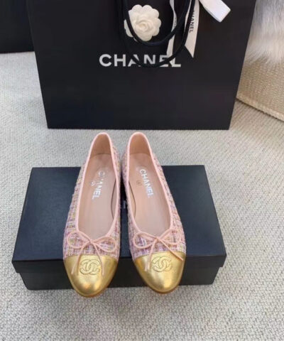 Chanel Ballerina Flats Tweed and Grosgrain Pink/Gold For Women, Women's Shoes G02819