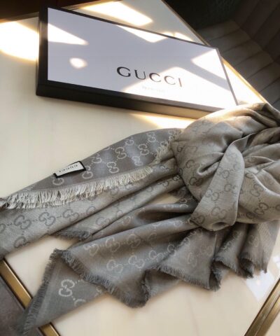Gucci GG Jacquard Silk Wool Shawl Grey 55in/140cm