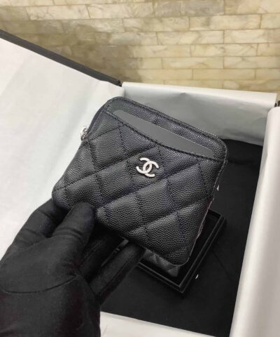 Chanel CO-CO Classic Card Holder 19cm/7.5in Silver Hardware For Women Black