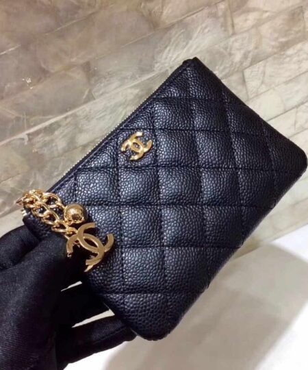 Chanel CO-CO Classic Mini Pouch Wallet 14cm/5.5in Gold Toned Hardware For Women Black