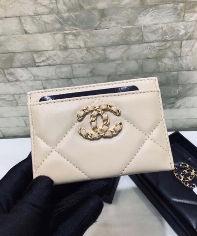 Chanel CO-CO 19 Card Holder Wallet 11cm/4.3in Gold Toned Hardware For Women Beige