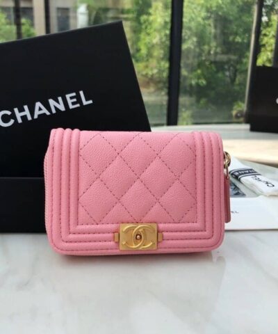 Chanel CO-CO Boy Chanel Zipped Coin Purse 11cm/4.3in Gold Toned Hardware For Women Pink