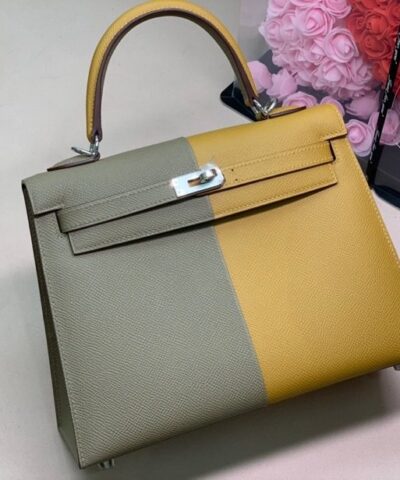 Hermes Kelly 28 Sellier Epsom Bag Grey/Yellow For Women, Women’s Handbags, Shoulder Bags 11in/28cm