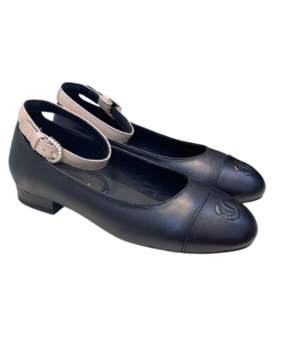 Chanel Round Toe Flats Buckle Strap Pearl Black For Women
