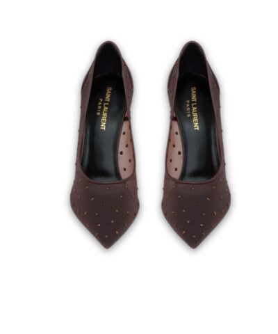 Saint Laurent Anja Pumps In Rhinestones Mesh Deep Brown For Women 7550992WJ0D2096