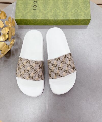 Gucci Men’s GG Slide Sandal With Bees White And Brown For Men 407345