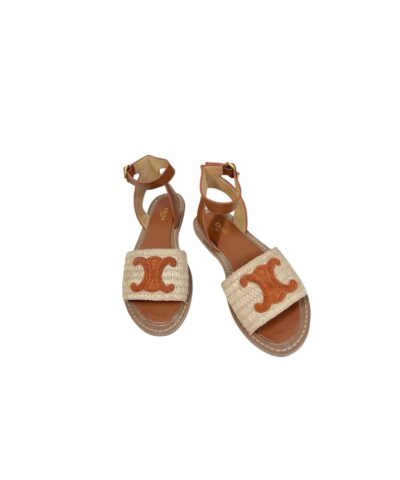 Celine Lympia Flat Strap Sandal In Raffia Brown For Women