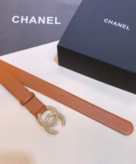 Chanel Brown Belt With Double C Buckle Gold-Toned and Strass Metal Women Belt